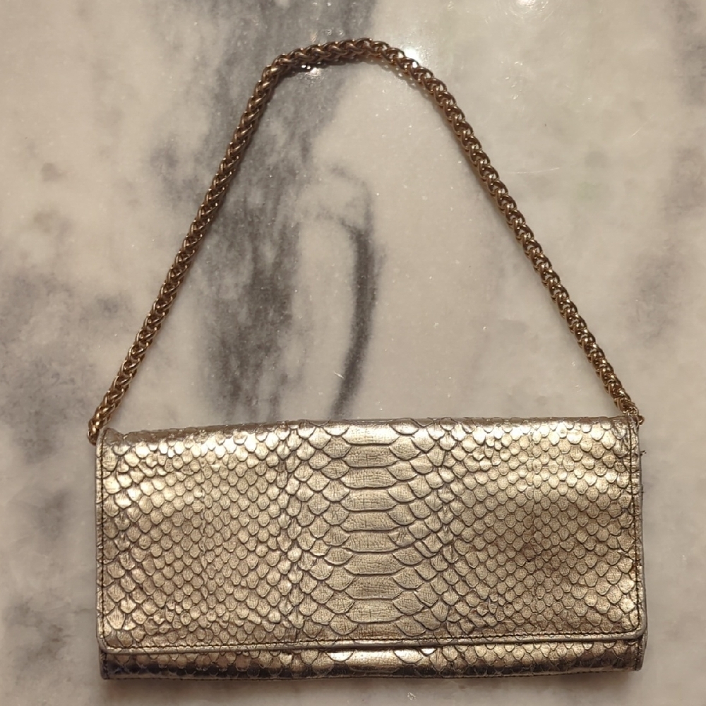 Valerie Stevens gold snakeskin-embossed leather clutch with a chain handle